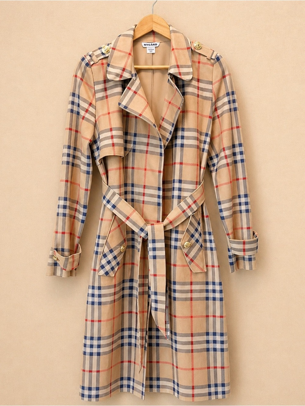 NYGÅRD Trench Coat Plaid Beige Red Blue Belted Classic Long Coat - Picture 2 of 9